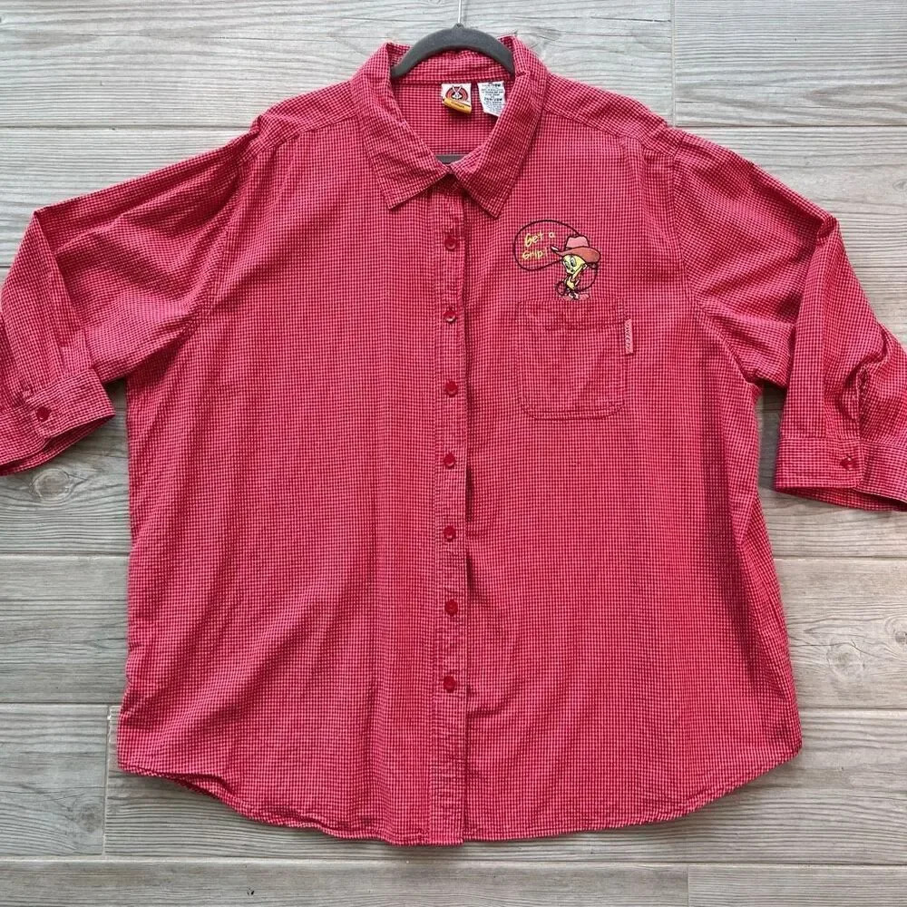 Warner Bros‎ Womens Red Looney Tunes 3/4 Sleeve Button Up Shirt Size 26W
